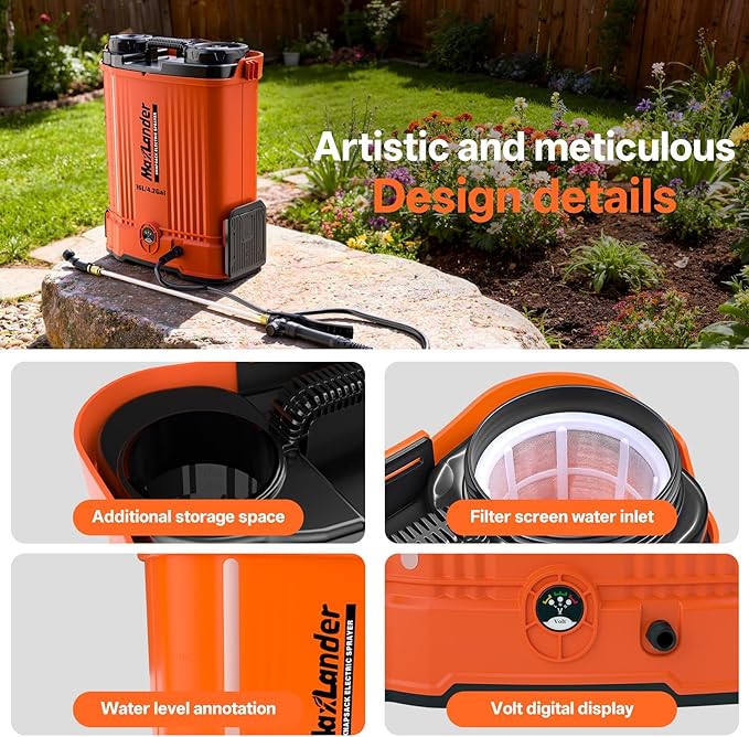 Maxlander Battery Powered Backpack Sprayer 4.2 Gallon, Electric Graden Sprayer Works with 2 x 20V 2.0Ah Battery, 90 PSI Adjustable Pressure Sprayer with 6 Spray Nozzles