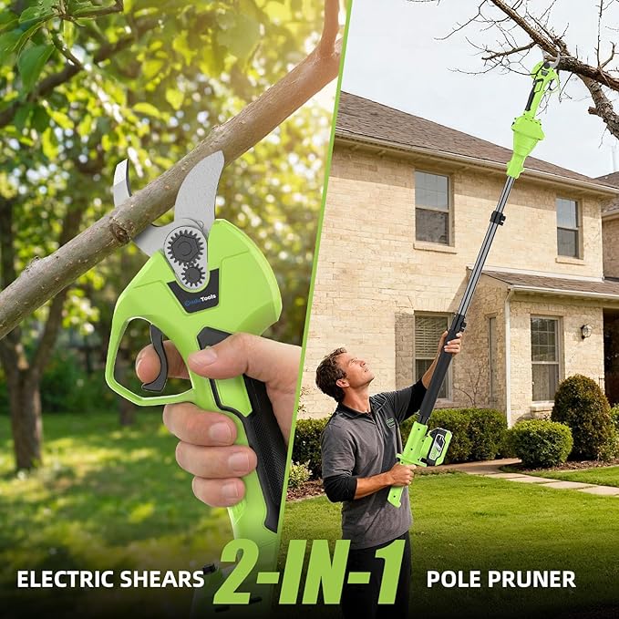 2-in-1 Electric Pruning Shears with 4.9-8.9ft Telescopic Pole, 2x 4.0Ah Batteries, Extra SK5 Blade, Battery Powered Pole Pruner Tree Branch Cutter for Garden, Yard, Fruit Tree Trimming