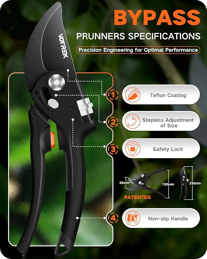 8.5" Pruning Shears for Gardening, 【Unique Stepless Handle Opening】Professional Bypass Garden Clipper, Heavy Duty Plant Pruners for Branch 【SK5 Steel Blades】【All Hand Sizes】, Classic Black