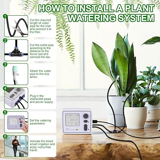BZONE Dual Channel Automatic Watering System, Timer Drip Irrigation Kit for 20 Potted Plants, with Adjustable Programs & 3 Power Levels, 20 Emitters, 15M Hose for Indoor/Outdoor Garden