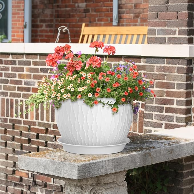 Meowell 12/10/9 inch Large Plant Pots, 3 Pack Wide Flower Pots for Outdoor Indoor Plants with Water Ripples, Big Plastic Planters with Drainage Holes and Saucers for Garden House Plants, White