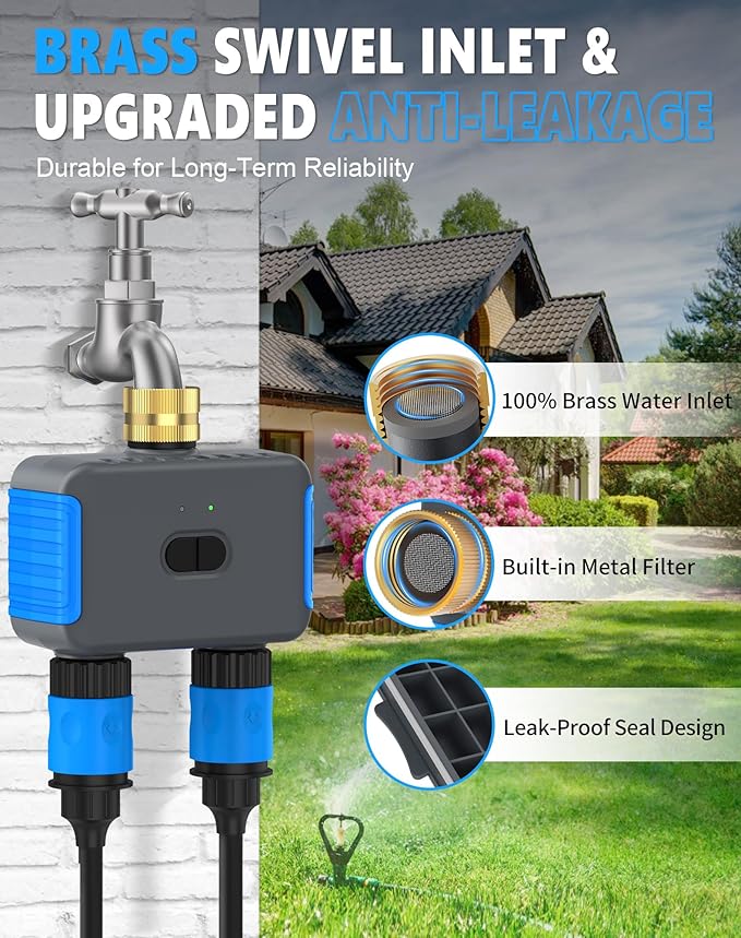 WiFi Sprinkler Timer, Smart Bluetooth Hose Timers, Water Timer for Garden Hose with APP, Digital Automatic Irrigation System Compatible with Alexa Google, for Outdoor Garden Lawn, 2 Outlet