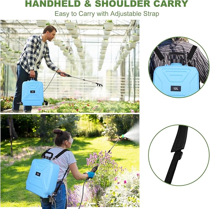 Battery Powered Garden Sprayer 3.2 Gallon Electric Pump Backpack Sprayer with USB Rechargeable Handle, Telescopic Wand, Adjustable Strap and 4 Mist Nozzles for Yard, Lawn, Cleaning 12L