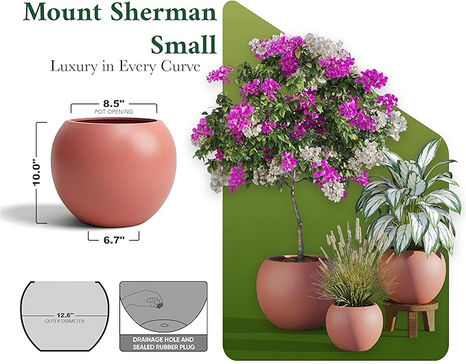 DTY Mount Sherman 12.6" D x 10'' H (Pot Opening 8.5") Fiberstone Round Planter with Drainage Hole, Smooth Finishes, Weather Resistant for Indoor and Outdoor, 2 Extra Coco Mats - Terracotta, Small
