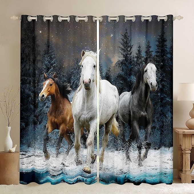 Feelyou Horse Curtains Galloping Horse Window Curtains Bedroom Living Room Kids Room Decor Boys Girls Wildlife Window Drapes Farm Animal Kids Bedroom Decor Window Treatments 42W X 63L，2 Panels