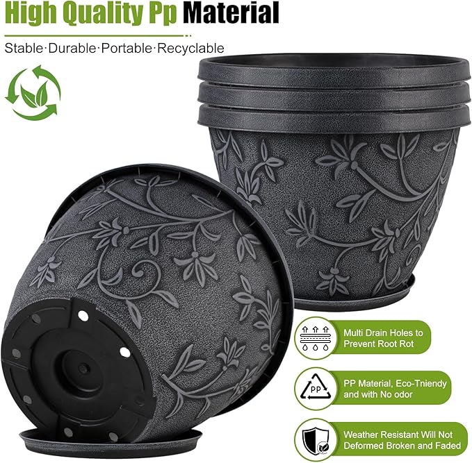 Nooulap 4 Pack 16 Inch Large Plant Pot for Outdoor, Plastic Flower Pot Indoor with Drainage Hole & Saucer, Modern Decorative Garden Pot, Imitation Magnolia Garden Pots for House Planters（Gray）