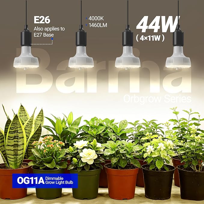 Barrina Orbgrow OG11A Grow Light Bulbs for Indoor Plants, Integrated Dimming & Timing, 4000K 44W(4 x 11W, 400 Watt Equiv), E26 Plant Light Bulb, Full Spectrum for Seeds and Greens, 4 Packs, White