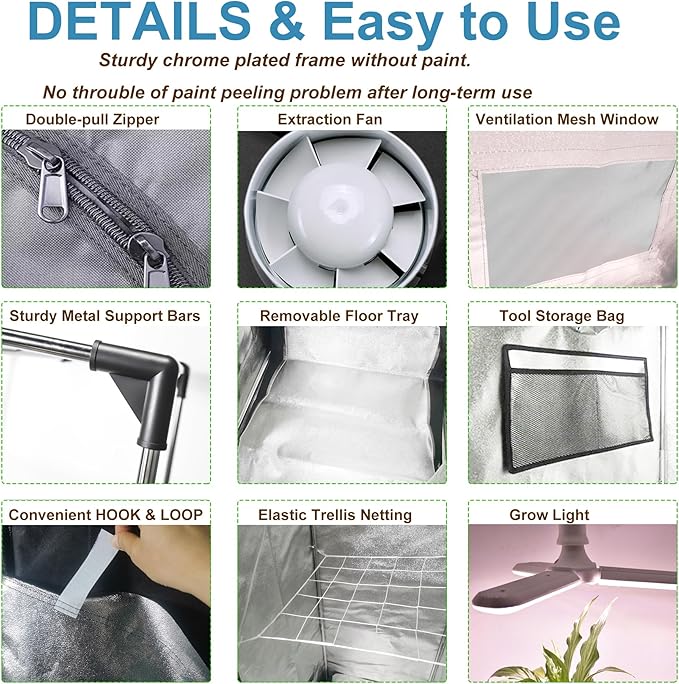Grow Tent Kit Complete 4x4 ft High Reflective Mylar Indoor Grow Tent Hydroponics Indoor Plant Growing Tent Room Full Spectrum LED Grow Light Ventilaion Fan Growing System+Accesseries (48" x 48" x 80")