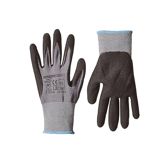 Amazon Basics Micro-Foam Nitrile Coated Safety Work Gloves, Nylon Liner Fiber, Touch Screen Compatible, Grey, Size 7 (S), 6-Pack
