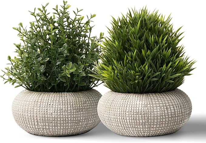 2 Pack Small Fake Plants in Cement Planter for Bathroom Decor, 6.1/5.7 Inch Artificial Plants Indoor, Small Faux Plants Indoor for Home Room Bedroom Farmhouse Kitchen Office Decor - Boxwood