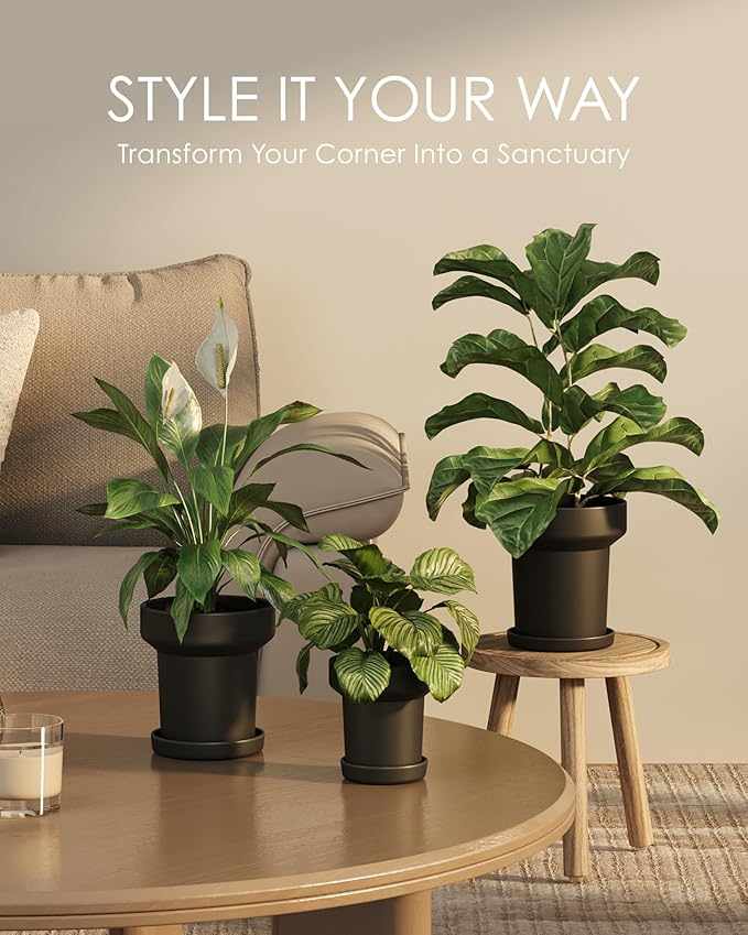 Bamworld 3-Pack Plant Pots Indoor with Drainage 5/6/7 Inch Planters for Indoor Plants Modern Minimalist Flower Pots Black