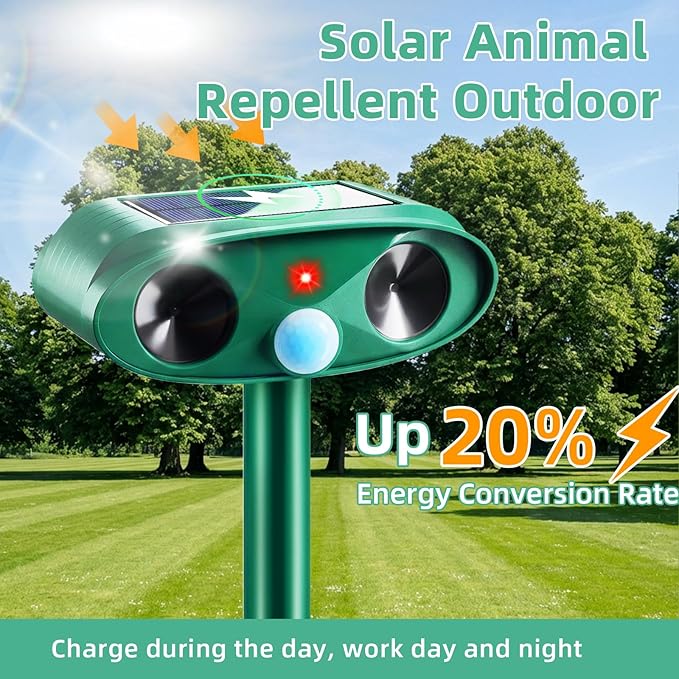 2 Pack Solar Ultrasonic Animal Repeller Outdoor - Sonic Fortress Pro Deer Repellent Weatherproof with Motion Sensor & USB Charging,Deter Cats,Squirrels,Racoons,Rabbits,Skunks Humanely for Yard Garden