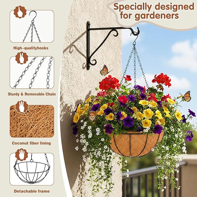 14 inch Metal Hanging Baskets For Plants Outdoor 4 Pack Round Metal Wire Hanging Basket Planter with Coco Fiber Liners Chain Round Wire Plant Holder for Garden, Patio, Deck, Porch Plants Flower Potss