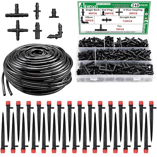 100FT 1/4" Drip Irrigation System Kit, Automatic Watering System, DIY Automatic Irrigation Equipment Set for Greenhouse, Garden, Yard, Lawn