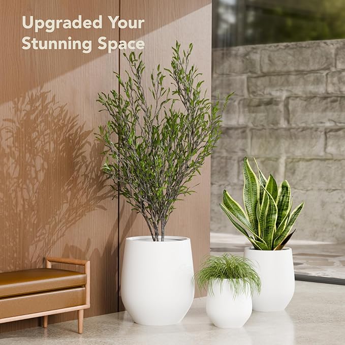 KUTE NEST 12.5" H x 11.4" D Premium Corso Fiberstone Round Tapered Planter with Drainage Hole, Weather Resistant for Indoor and Outdoor Use, Included 2 Extra Coco Mats (White, 9" Pot Opening)