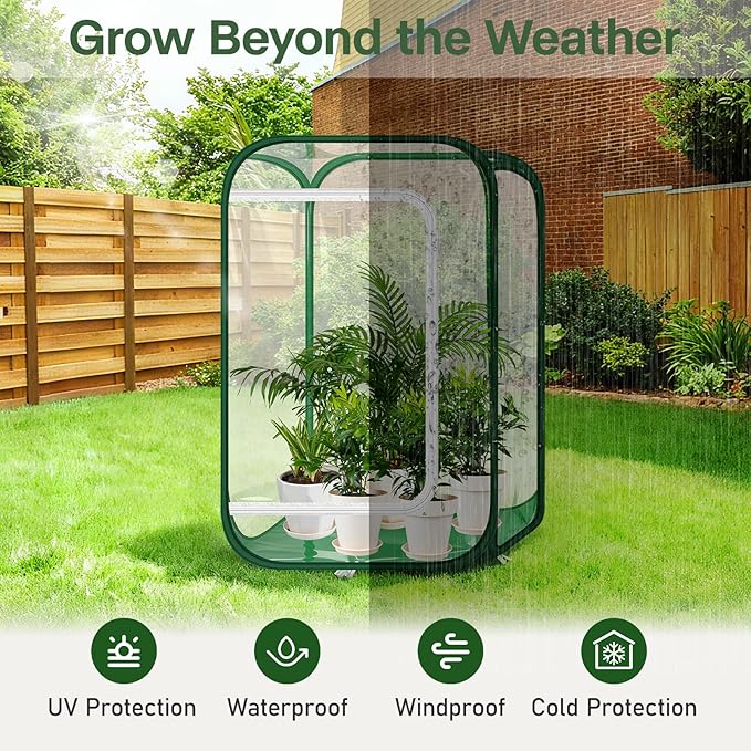 OnBrand 24.65" x 24.65" x 35.59" Portable Pop Up Greenhouse for Outdoors & Indoors, PVC Mini Greenhouse with Zipper Door & Storage Bag, Clear Plant Tent for Seedlings Flowers Vegetables