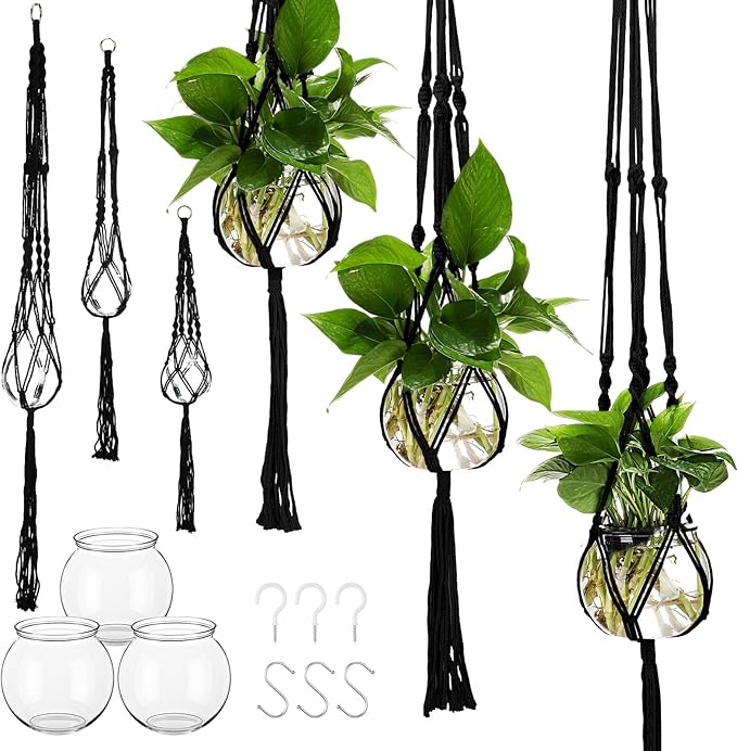 Colingmill 6 Pcs Plastic Plant Propagation with Boho Macrame Hanger Wall Plant Propagation Station Hanging Holder Include Hooks Kit for Indoor Home Garden Office Decor 3 Size (Black)