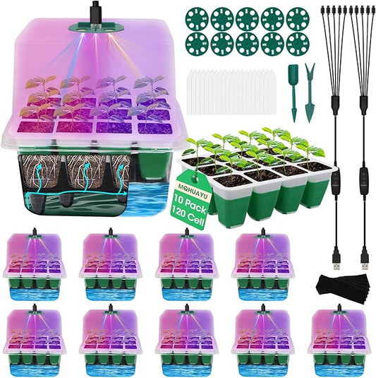 Self Watering Seed Starter Tray with Grow Light, 10-Pack 120-Cell Reusable Seed Starter Kit with Soft Silicone, Plant Germination Trays with Humidity Dome for Seeding Planting Growing