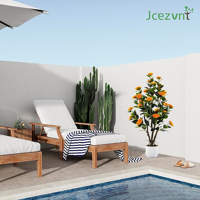 2 Pack Artificial Camellia Tree with White Pot, 38" Faux Potted Plants for Indoor Outdoor Decor, Tall Silk Greenery Plant for Home Offce Living Room Balcony,White, Orange