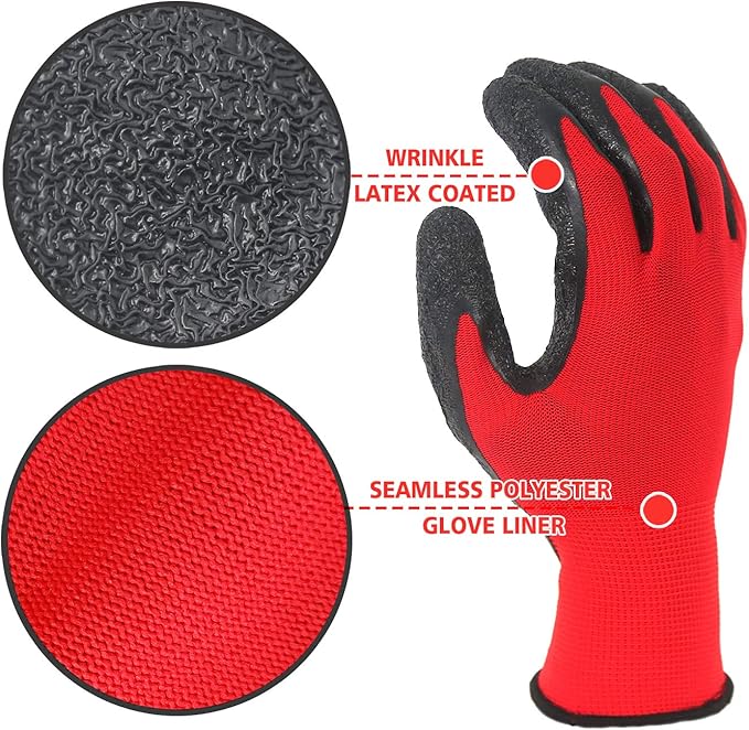 Evridwear Crinkle Latex Rubber Hand Coated Safety Work Gloves for Men Women General Multi Use Construction Warehouse Gardening Assembly Landscaping,Red Medium 12 Pairs Pack