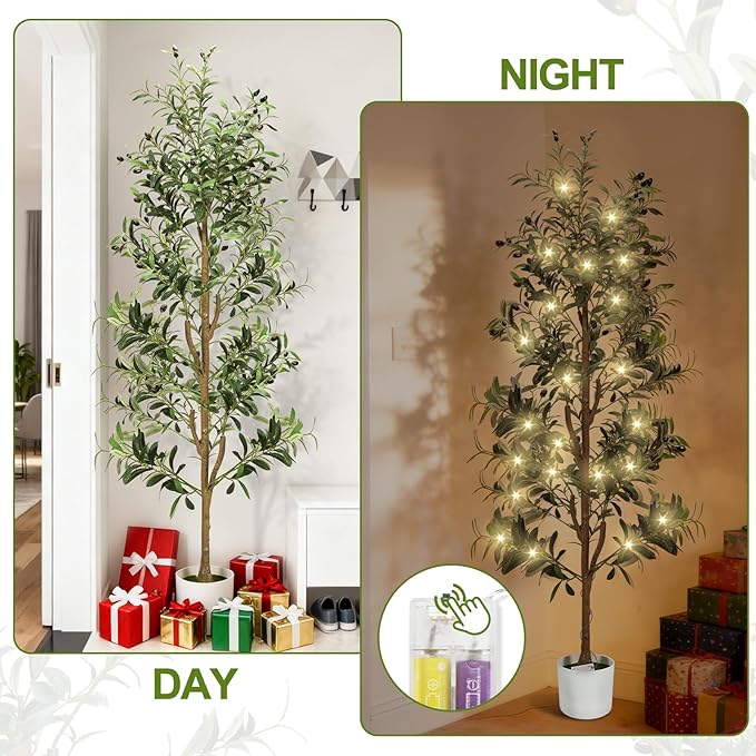 TNELTUEB Faux Olive Tree 6FT - Indoor Tall Artificial Olive Trees with Planter & Basket and Lights, Artificial Plants with Natural Wood Trunk and Realistic Fruits for Home Living Room Office Decor