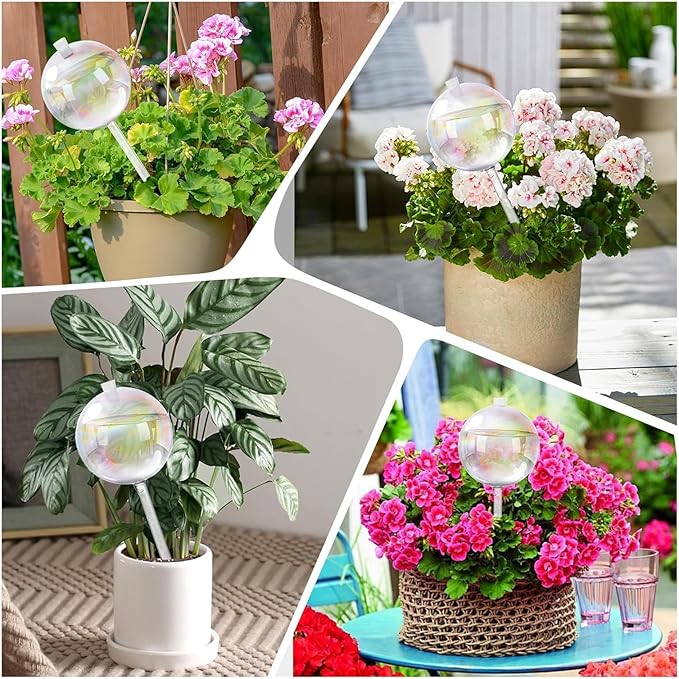 20oz Glass Watering Globes for Plants, 4 Pack Iridescent Self-Watering Bulbs, Top-Fill Opening with Rubber Stopper, Angle-Control Slow Drip, Includes Soil Starter Stick, Indoor Outdoor Vacation Care