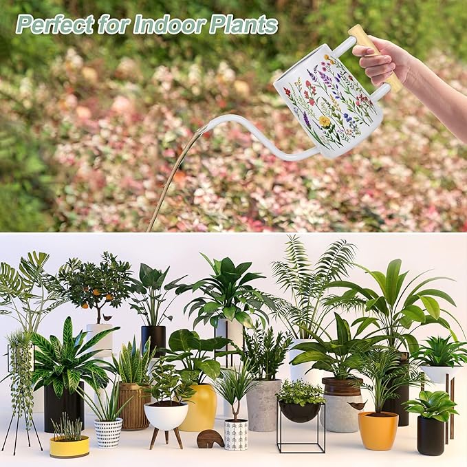 Watering Can Indoor Plants, 35 oz/1000 ml Metal Stainless Steel Watering Can Pot with Long Spout for Indoor House Plants Bonsai Outdoor Garden Flower Decorative White Flowers