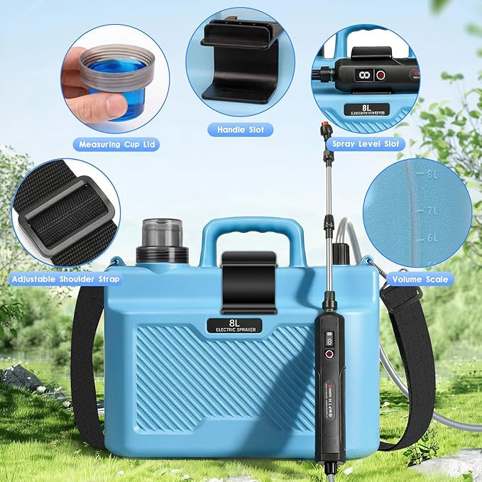Battery Powered Sprayer 2 Gallons: Features Three-Speed Settings, Battery Indicator, Four Atomizing Nozzles, and an Extendable Spray Wand—Ideal for Backyard Lawn and Garden Tasks