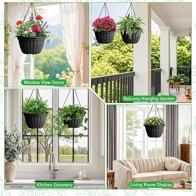 FGstyle 6 Pack Hanging Planters 8 Inch, Self Watering Pots for Indoor Plants, Plastic Hanging Basket with Soil Elevator and 20" Chain for Home Garden Porch Balcony Patio Decor (Black)