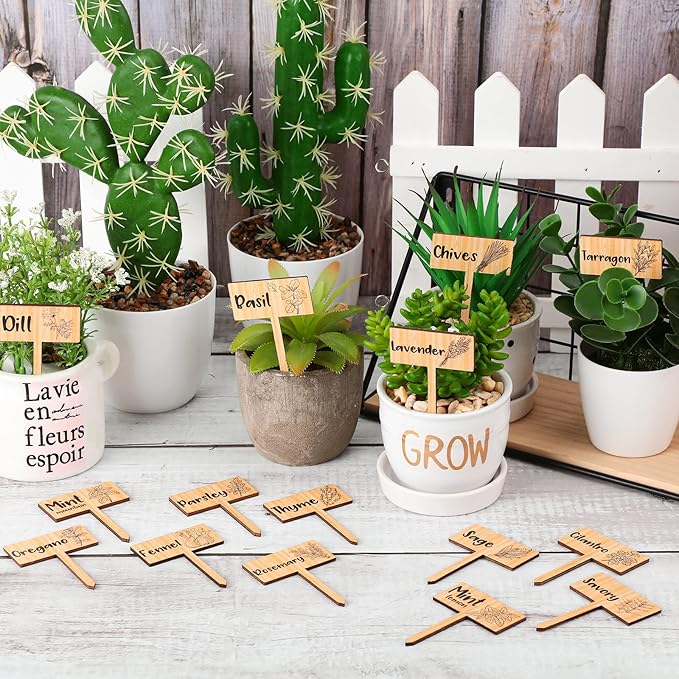 Bucherry 15 Pcs Garden Plant Label Signs, Wooden Herb Markers T Type with Printed Herb Name Waterproof Plant Marker Stakes for Indoor Outdoor Garden Seedlings Flowerpot Potted