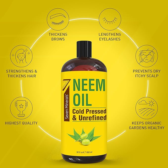 Seven Minerals Pure Cold Pressed Neem Oil - Big 32 fl oz Bottle - Non-GMO, Hexane Free, 100% Pure Neem Oil for Plants Spray, Skincare, & Haircare. Treats Dry Skin, Wrinkles, & Promotes Hair Growth
