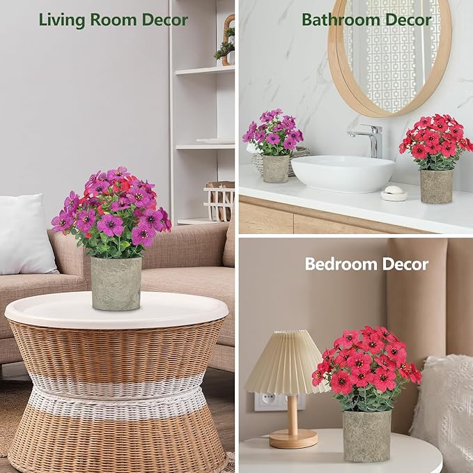 2 Pack Small Fake Plants Potted Artificial Plants Artificial Flowers Potted Faux Flower Daisy with Eucalyptus Leaves for Home Decor Office Room Farmhouse Indoor Table Bathroom Decor（Purple&magenta）