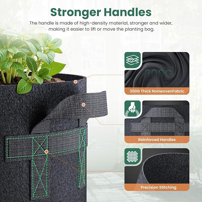Jorvila 5 Pack 3 Gallon Grow Bags, Thickened Nonwoven Fabric Planter Pots with Handles, Heavy Duty 300G Garden Pots for Tomato, Potato and Vegetable