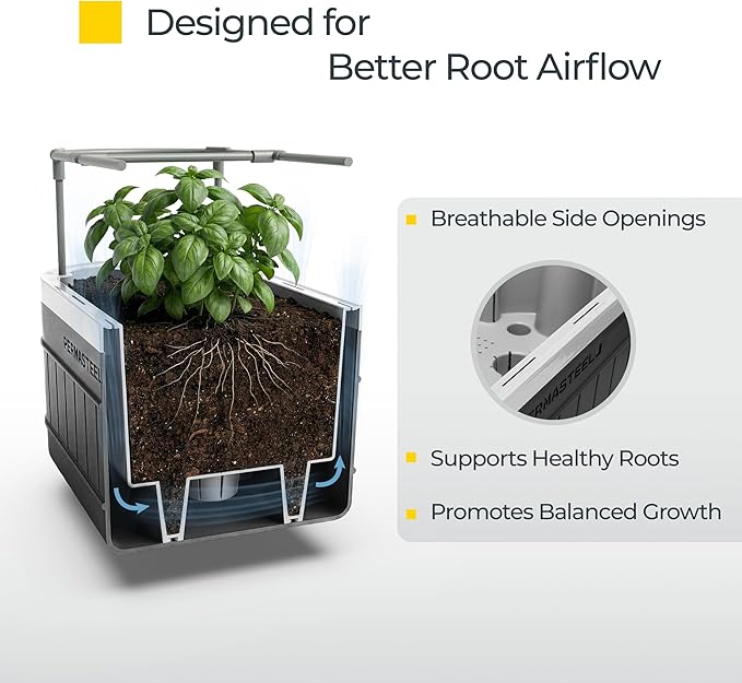 Permasteel Herb Garden Planter with Trellis Support, Self-Watering System with Water Level Indicator, Fits Multiple Herb Plants, for Basil, Flowers, Succulents, Indoor & Outdoor, Black
