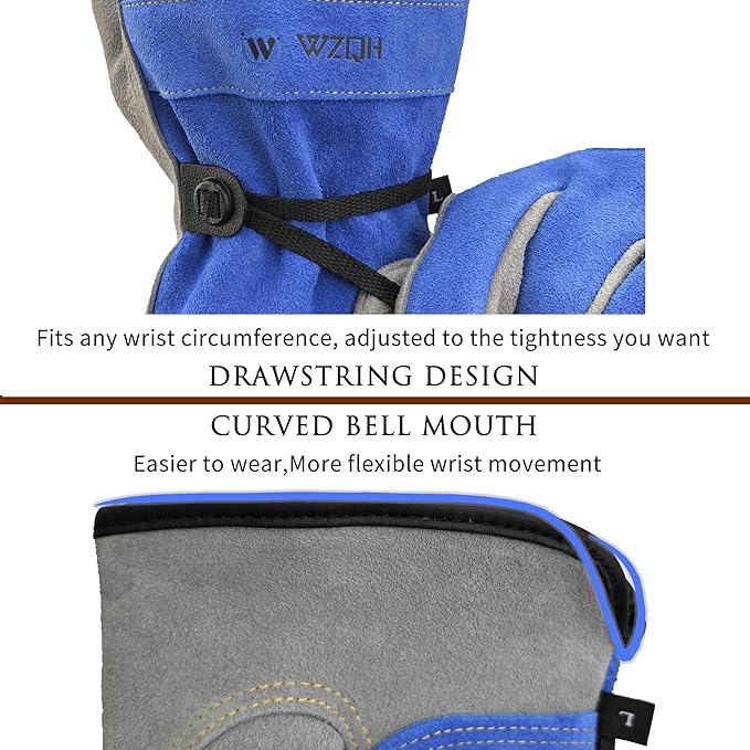 WZQH Leather Work Gloves for Men or Women. X-Large Glove for Gardening, Tig/Mig Welding, Construction, Chainsaw, Farm, Ranch, etc. Cowhide, Cotton Lined, Utility, Firm Grip, Durable. Blue-Grey XL