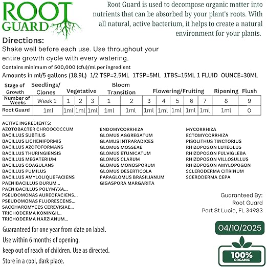 Root Guard – Powerful Root Booster with Mycorrhizae & Beneficial Bacteria | 100X Strength | 1 mL per 5 Gallons | Organic Root Growth for Plants, Soil & Hydroponics