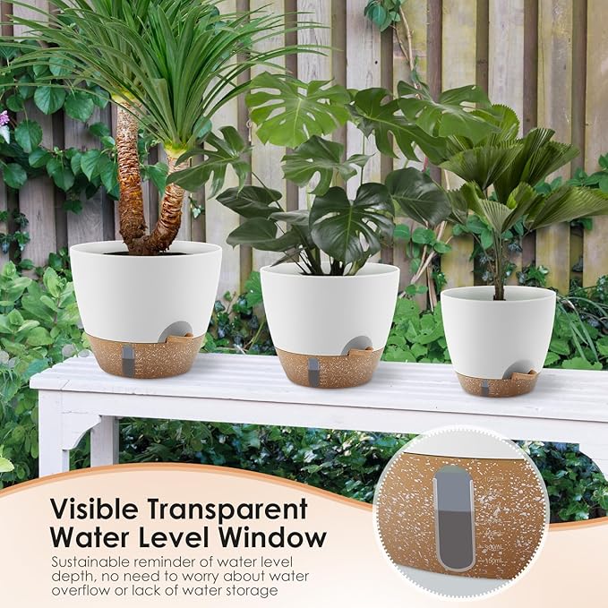 QRRICA Self-Watering Plant Pots with Water Level Indicator, Drainage Holes & Saucers – 12/10/9 Inch Large Plastic Planter Set for Indoor & Outdoor Plants (White)