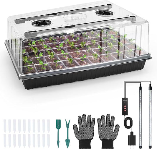 Mulctun 60-Cell Seed Starter Tray with Grow Light, Seedling Starter Trays with 4.08" Humidity Dome, Self-Watering Plant Germination Trays,Seed Starter Kit for Seeds Growing (Black)