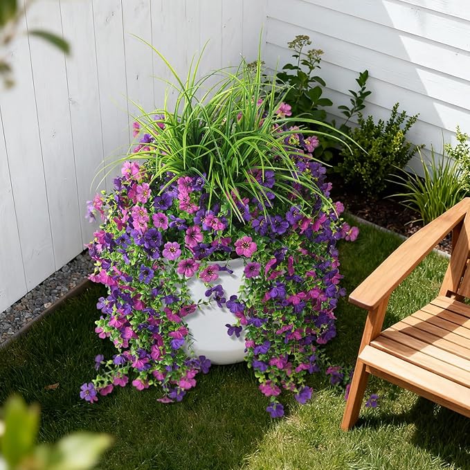 Hommyea Artificial Hanging Flowers for Outdoors with Wheat Grass, 5 Pcs Fake Hanging Plants for Spring Decor, UV Resistant Faux Silk Flower Greenry for Planter Porch Patio Yard Garden(Double Purple)
