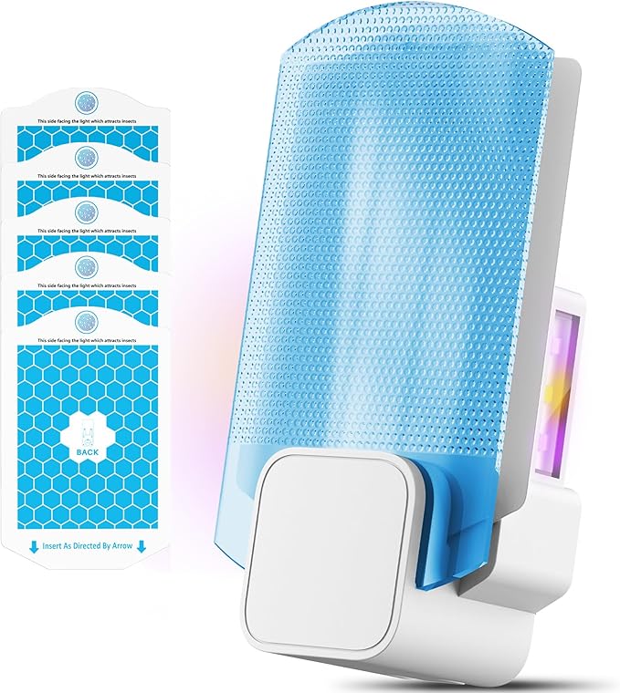 Fruit Fly Traps for Indoors(1 Device+5 Refills) for Fruit Flies, Gnats, Flying Insects, Moths, Bugs, Fungus, 3-in-1 UV/Blue/Yellow Light Plug-in Gnat Traps, No-Mess Bug Zapper, 7 * 24hrs Pest Control