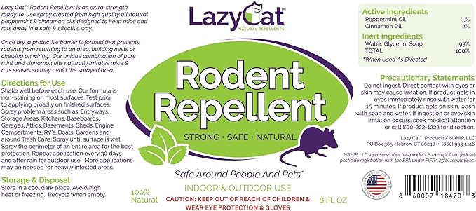 Peppermint Oil Spray for Rodents Plus Cinnamon Oil - MAX Power Mouse Repellent for Home RV Campers Boats Car Engines – Repel Mice and Rats from House Non-Staining 2X Strength (2 Pack) by Lazy Cat