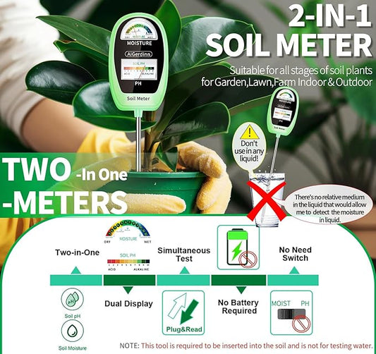 Soil Test Kit, 2-in-1 Soil Moisture Meter, Soil pH Meter -Dual Dial-Simultaneously-Display Results-Soil pH Tester, Moisture Meter for Garden,Lawn,Farm Indoor&Outdoor Plants-Teargreen