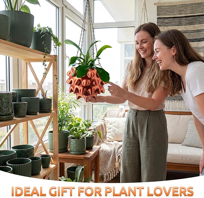 Enhon 6 Inch Hanging Planters for Indoor Plants, Unique Hanging Pots for Plants with Drainage and Hanger Baskets Hangers, Spiked Orb Plant Hanger, Silky Copper Finish