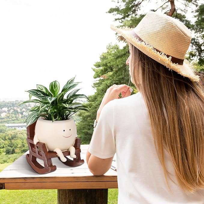 Smiling Flower Pot Rocking Chair – Whimsical, Decorative, and Practical Planter with Drainage Holes, Indoor and Outdoor Plant Pot, DIY Decoration Gift for Plant Lovers