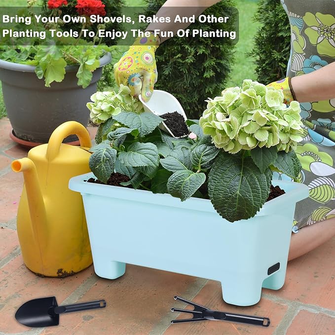 Oliz Self-Watering Rectangle Planter Boxes 8-Pack, 15.7-Inch Window Box Planter with Drainage Holes & Trays, Pots for Vegetables, Herbs, Flowers, Garden Windowsill Balcony (Sky Blue)