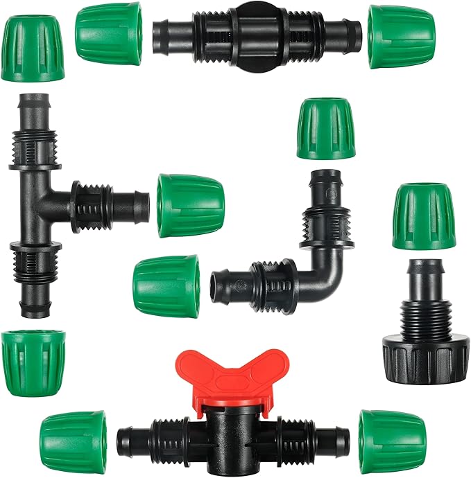 19 Pcs 1/2 Inch Drip Irrigation Fittings Kit (1/2" ID x0.6-0.63" OD) 1/2" Irrigation Tubing Connectors Barbed Locked Nuts Connectors Including 6 Tees, 6 Couplings, 4 Ends 2 Elbows,1 Switch Valves
