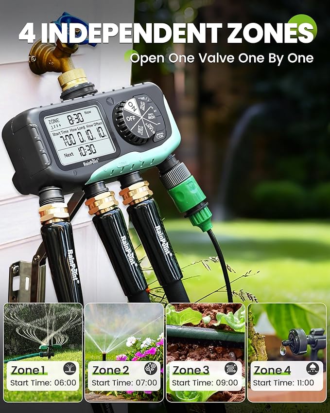 RAINPOINT Sprinkler Timer 4 Zone, Water Timer for Garden Hose, for Soaker Hose with Rain Delay/Manual/Automatic Watering System, Digital Irrigation for Yard, Lawn Brass Inlet
