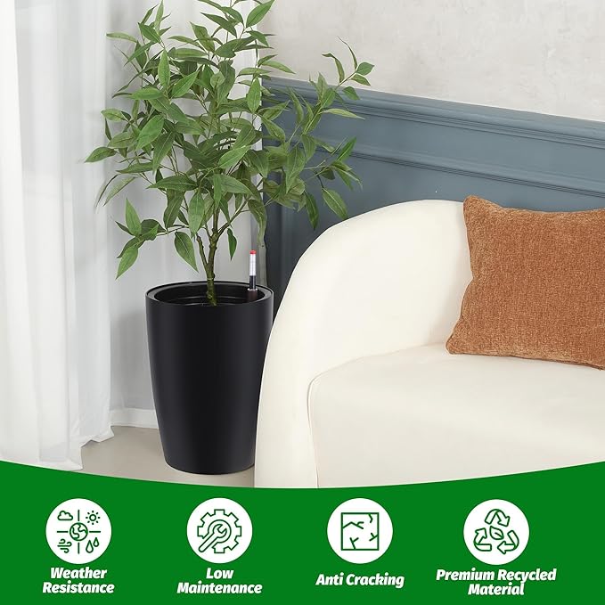 16" Tall Planter Set of 4, Self Watering Pots with Built-in Drainage and Water Level Gauge, Large Planter Pots for Garden, Patio, Balcony, Lounge, Black