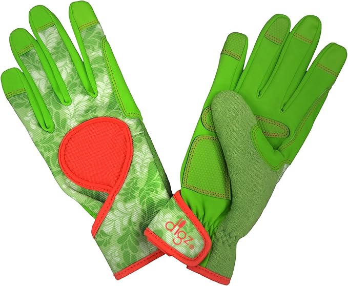 DIGZ 7654 Signature High Performance Women's Gardening Gloves with Touchscreen Compatible Fingertips, Green Leaves Pattern, Large