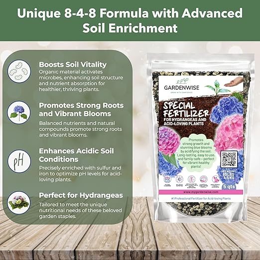 GARDENWISE Slow Release Hydrangea Fertilizer with Iron & Sulfur – Indoor & Outdoor Soil Acidifier for Miracle Growth (1 qt)